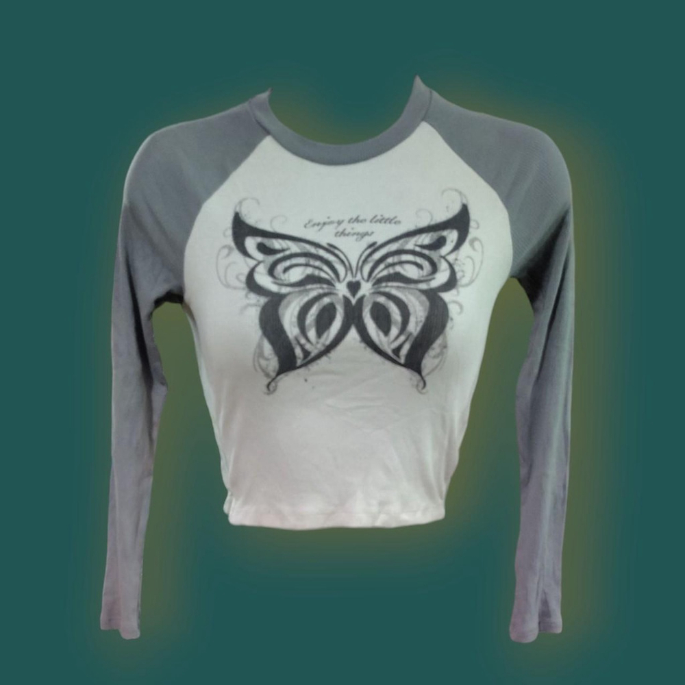 Grey and white H&M butterfly long sleeve shirt with a grunge vibe